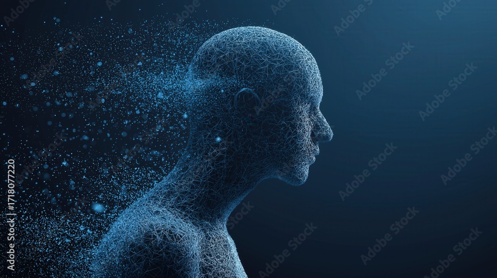 Poster a digital representation of a human head dissolving into particles, symbolizing abstraction and the 