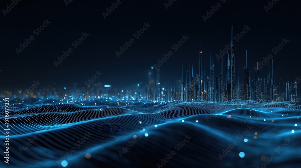Poster a digital landscape featuring illuminated waves and a futuristic city skyline, creating a mesmerizin