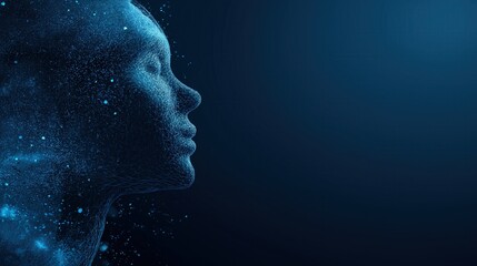 A digital representation of a human profile, composed of particles and glowing elements, set against a dark blue background.