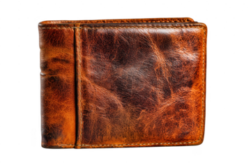 Close-up shot of a vintage brown leather wallet against a clean transparent background