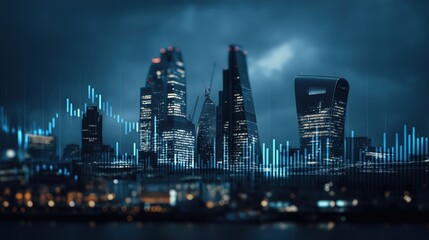 A modern city skyline at night, featuring illuminated skyscrapers and an overlay of financial data visuals.