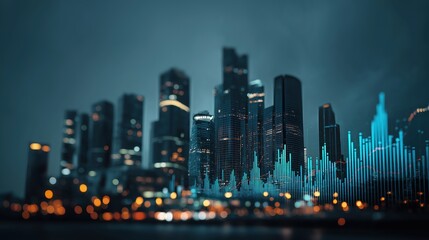 A vibrant city skyline at night, illuminated by lights and overlaid with graphical sound wave patterns.