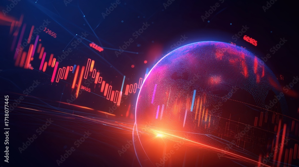 Poster a futuristic digital representation of a globe, featuring vibrant graphs and data visualizations, sy