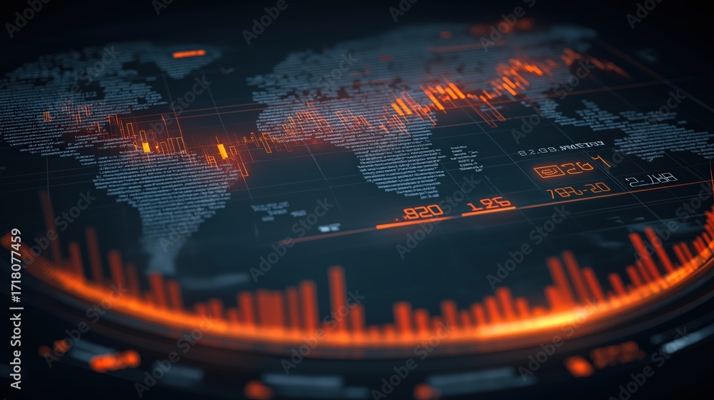 Poster a digital map of the world with glowing orange data visualizations, depicting global information in 