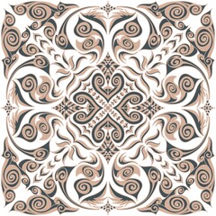 Tribal inspired ornamental mandala in earthy beige and dark tones, featuring swirling abstract motifs and symmetrical decorative design