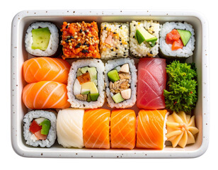 Top-Down View of Speckled White Bento Box Filled with Assorted Sushi and Sashimi