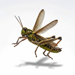 Fototapeta premium Stunning detailed grasshopper in mid-air flight, ready for spring, vibrant green and brown tones evoke life and nature, perfect for science or education