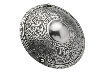 Fototapeta premium Ornate, detailed, round shield with intricate, engraved floral and symbolic designs.
