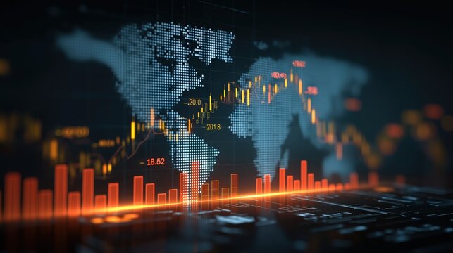 A digital representation of a world map overlaid with financial data and stock market trends, illustrating global economic activity.