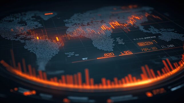 A digital map of the world with glowing orange data visualizations, depicting global information in a modern, tech-inspired design.