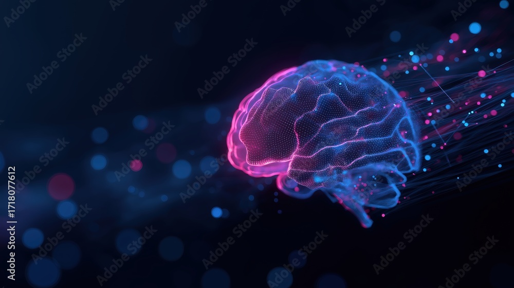 Poster a vibrant, digital representation of a brain surrounded by colorful particles, symbolizing intellige