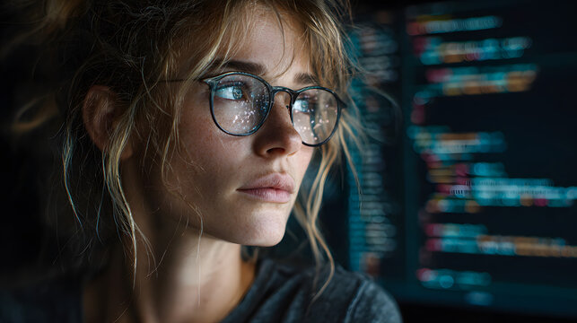 Female IT specialist learns to analyze code and data technology, cyber security, impact of artificial intelligence augmented reality, side profile, copy space. AI generation
