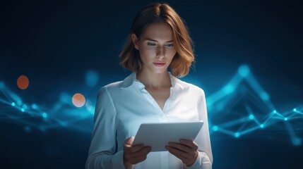 A woman in a white shirt interacts with a tablet, surrounded by a futuristic blue light backdrop and data visualization elements.