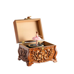 Wind-up music box isolated on a white background. Ballerina music box in motion: Capturing the delicate elegance of a handcrafted wooden music box, the figurine dances gracefully
