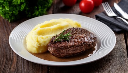 steak with mashed potatoes on white plate on old wooden table