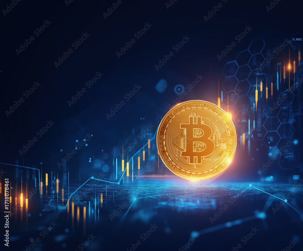 Poster a glowing bitcoin symbol amidst digital graphs and data, representing the rise of cryptocurrency in 