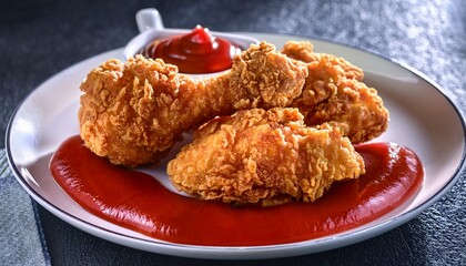 Fried Chicken With Ketchup On Plate