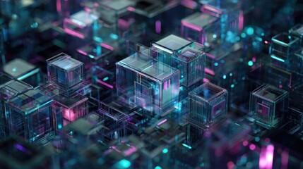 Fototapeta premium Abstract futuristic cityscape with glowing geometric structures and neon lights