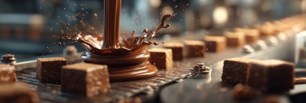 Chocolate pouring onto a conveyor belt while caramel cubes surround it in a processing facility