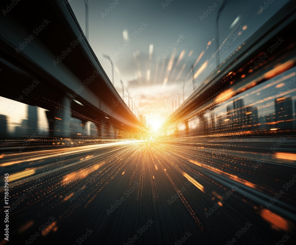 Poster A dynamic view of a cityscape at sunset, showcasing fast-moving lights and urban architecture with a sense of motion and energy.