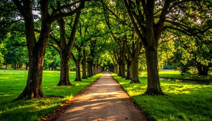 A sunlit pathway through a lush park
