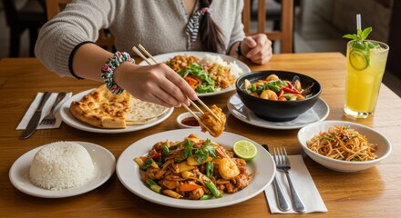 A person enjoying Asian cuisine with chopsticks.
