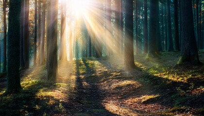 Naklejka premium Ethereal Glowing Particles Swirl In Sunbeams Piercing A Dark Forest