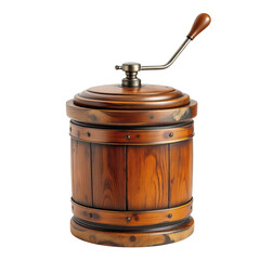 Vintage butter churn isolated on a white background.. Vintage wooden coffee grinder: A close-up studio shot showcases a beautifully crafted antique coffee grinder made of weathered wood