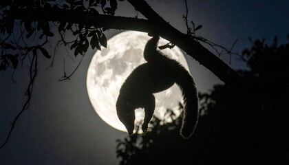 Kinkajou Hanging Upside Down from Rainforest Branch Against Moon