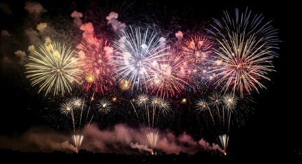 Colorful Fireworks Explosion at Night: Spectacular Celebration, Festival Light Show, New Year Diwali Independence Display, Festive Pyrotechnics, Shining Burst in Dark Sky, Event Nighttime Sparkle Phot