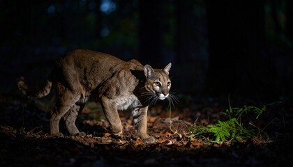 Fossa Prowling Across Forest Floor in Night Spotlight