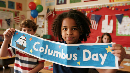Columbus Day Joyful diverse children celebrating Columbus Day with handmade banner and festive classroom decorations creating educational and engaging learning moments