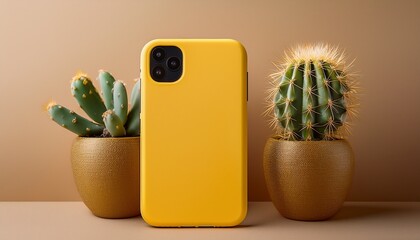 yellow phone case and cactus plant on beige background