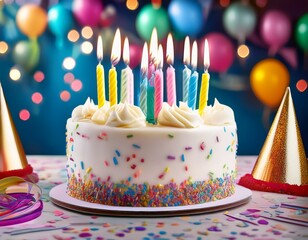 a close up of a freshly decorated white birthday cake with candles lit surrounded by colorful streamers and party hats the vibrant colors and soft candlelight create a joyful birthday scene