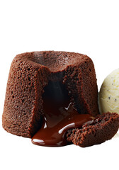 Molten chocolate lava cake, freshly cut, oozing dark chocolate, with melting pearl-white vanilla bean ice cream beside it, isolated on transparent background, macro photography, gourmet dessert