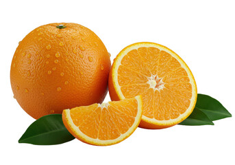 Macro close-up of whole and cut oranges with green leaves, glistening water droplets on transparent studio background, high-key lighting, concept for fresh citrus advertising