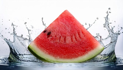 fresh watermelon slice with splashes of water refreshing and vibrant on white isolated background