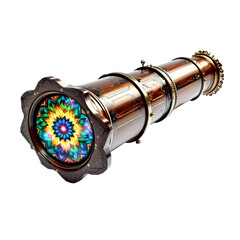 Antique kaleidoscope isolated on a white background. A classic kaleidoscope with a vibrant and symmetrical floral pattern reflecting light, offering a mesmerizing visual experience of patterns.