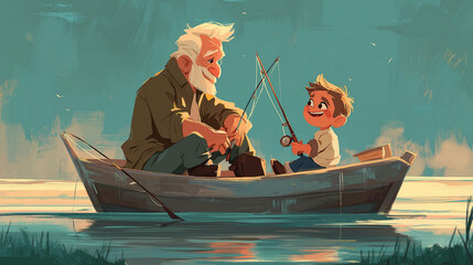 Grandfather and grandson sharing a joyful fishing moment on a calm lake in summer
