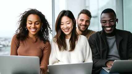 Four diverse business professionals standing near office window, two men and two women, reviewing financial reports on tablet and documents, serious discussion. business team analy - Powered by Adobe