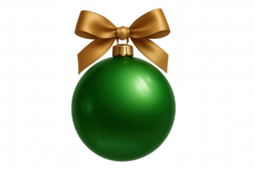 Elegant green christmas bauble topped with a shiny golden bow, isolated on transparent background for seasonal designs