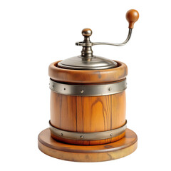 Vintage butter churn isolated on a white background. A detailed close-up of a vintage butter churn with a wooden design