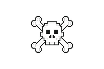 Pixel Skull and Crossbones Icon on White Background, Retro 8bit Design