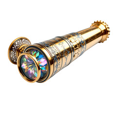 Antique kaleidoscope isolated on a white background. Kaleidoscope Glimpse: An exquisite, decorative kaleidoscope, showcasing its intricate design, the play of light