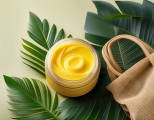 yellow cream in eco jar with cloth bag and tropical leaves
