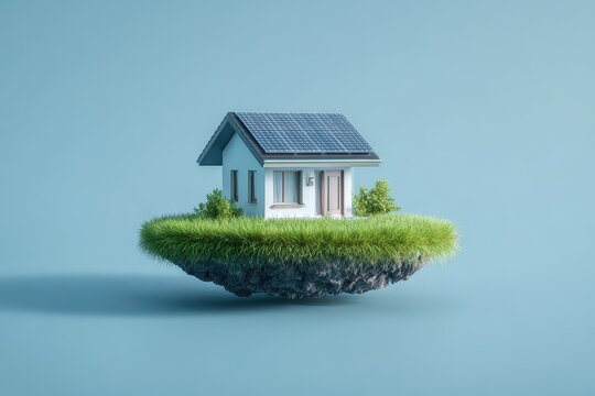 Eco-friendly house with solar panels on a surreal floating island against a blue background.