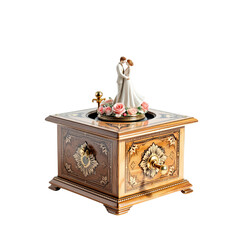 Wind-up music box isolated on a white background. Timeless Melody Box: A vintage music box featuring intricate floral design and an elegant pair figurine.