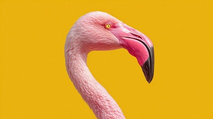 Fototapeta premium Pink flamingo portrait against a sunny yellow backdrop. A captivating close-up showcases its graceful neck and striking beak, a vision of avian beauty.