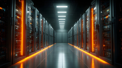 Information traveling through the data center storage in blue and orange colors. Cloud computer system internet infrastructure room, cybersecurity, telecommunication cluster, rack hardware technology