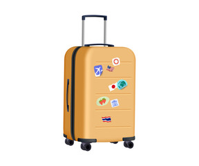 Luggage with stickers. Travel suitcase, journey baggage, handbag of passenger, bags and case, bright colorful traveling accessory. 3D render minimal trendy vector cartoon style isolated illustration